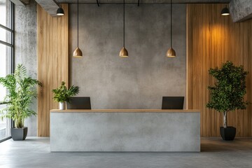 Modern Office Reception with Wooden Elements and Panoramic Window View