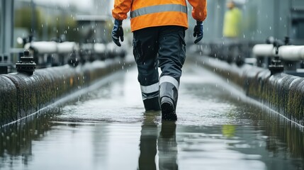 Engineer wearing a reflective vest and hard hat, examining a large water treatment facility