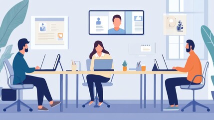 Professionals engaged in a virtual meeting while working in an office environment.