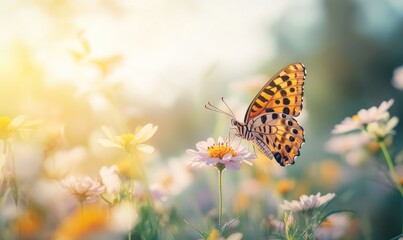 Obraz premium Butterfly on a Flower in a Field of Sunlit Blooms.