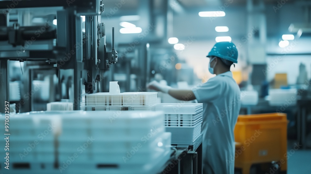 Sticker Worker in a factory organizes plastic containers during operational hours in a well-lit industrial facility