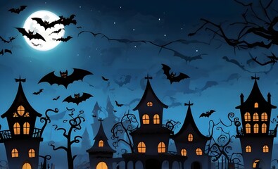 Illustration with halloween setting with bats flying on a full moon night
