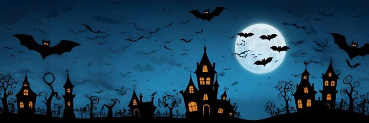 Illustration with halloween setting with bats flying on a full moon night