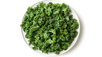 Obraz premium Fresh kale on white plate - vibrant green leafy vegetables for healthy lifestyle and nutrition
