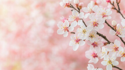 Obraz premium Delicate cherry blossoms in soft shades of pink create a serene atmosphere, perfect for spring-themed designs and nature projects.