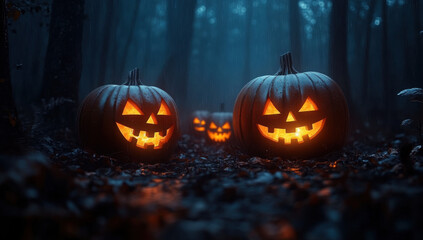Naklejka premium Halloween pumpkins in the forest at night.Halloween background with Evil Pumpkin. Spooky scary dark Night forrest. Holiday event halloween banner background concept