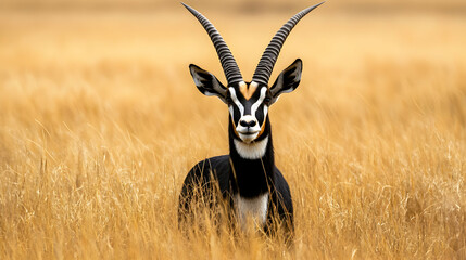 A black and white sable antelope stands in a field of tall grass, its horns pointing upwards.