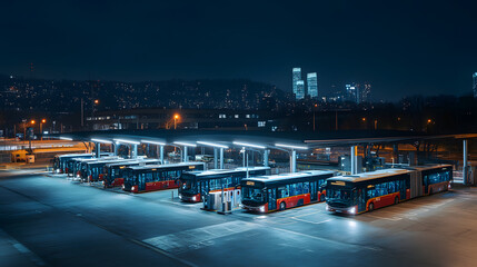 An electric bus depot at night with buses silently recharging under the glow of energy-efficient LED lights and the city skyline in the background.