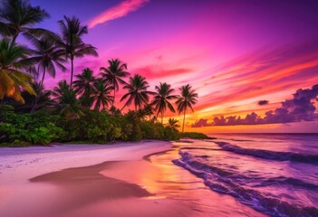 Fototapeta premium stunning tropical shore paradise showcasing breathtaking sunset hues over calm waters lush palm trees, beach, ocean, sky, clouds, colors, nature, landscape
