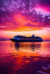 Obraz premium vibrant sunset colors reflected calm cruise waters creating serene picturesque evening scene, reflection, tranquil, mirror, sky, orange, pink, blue, horizon