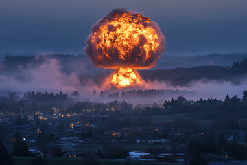 A dramatic photograph of an explosion in the distance, over a city with black smoke and flames rising above the houses