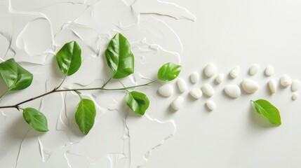 Leaves and stones on a light textured background showcasing natural beauty and serenity in a minimalist arrangement of greenery and white pebbles for a calming effect