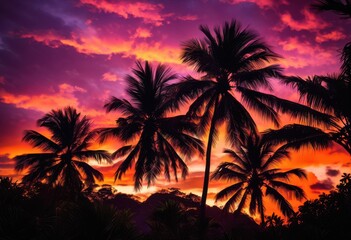 Obraz premium stunning tropical palm silhouette framed vibrant sunset colors breathtaking sky, beach, coast, coastal, dusk, evening, flora, fauna, glow, gradient