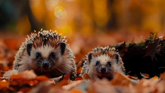 A hedgehog family forages through a colorful autumn forest, surrounded by crunchy leaves, highlighting their natural habitat and seasonal beauty.