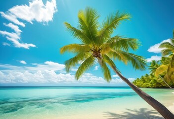 Fototapeta premium vibrant seaside oasis featuring lush palm trees surrounded crystal clear blue waters under bright sunny sky, beach, coast, shoreline, shore, island, tropical