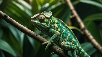 Colorful chameleon perched on a branch with vibrant green leaves in a lush environment