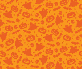 Halloween background, ghost, pumpkin, bat, skull, orange, scary, spooky, cute, cricut, sillhouette, wallpaper, texture, card, print, seamless pattern, vector illustration. 