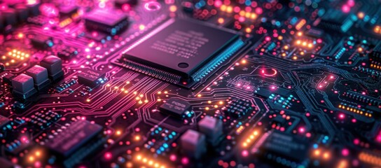 Obraz premium Vibrant black circuit board with glowing purple, pink, and orange lights, showcasing futuristic technology and intricate electronic design.