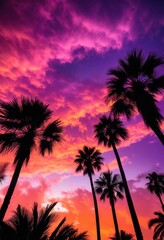 vibrant silhouettes palm trees colorful sunset skyline gradient hues warm tones, orange, pink, clouds, evening, horizon, light, landscape, nature, scenery