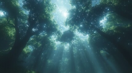 Fototapeta premium Light Beams Filtering Through Dense Forest Canopy