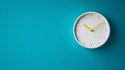 Minimalist image of a white wall clock with a yellow second hand hanging on a blue-turquoise background. The clock is centrally positioned, leaving ample copy space to the sides. 