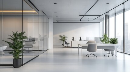 Modern workspace features sleek, minimalist design. Office boasts clean lines and open layout, with glass partitions providing spaciousness and transparency. 