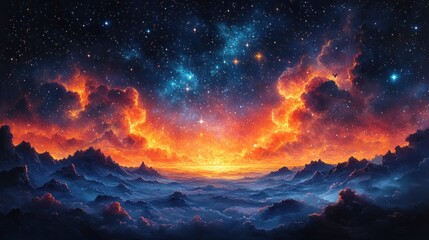 Fototapeta premium Fiery Sunset Over a Mountainous Alien Landscape