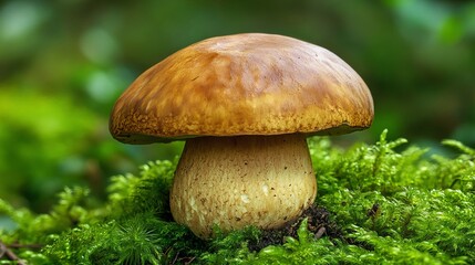 Nestled amidst verdant moss, Boletus Edulis, a prized forest delicacy, basks in the sunlight. Its golden-brown cap and sturdy stalk create a captivating sight against the lush backdrop