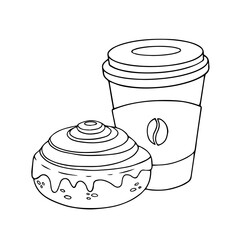 Line sketch, outline of a cup of coffee with a sinabon bun. Vector graphics.