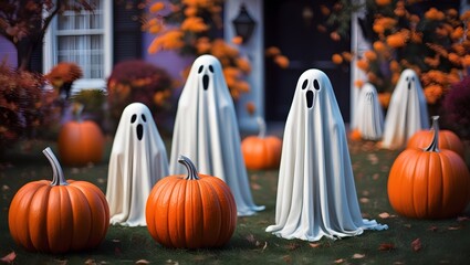 A Halloween scene painted in an impressionist style. Use brushstrokes to capture the essence of ghosts and pumpkins. Soft colors, blurred outlines, and a sense of movement