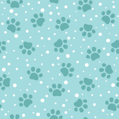 Print pet paw seamless pattern. Vector illustration with cat or dog paw on blue background. It can be used for wallpapers, wrapping, cards, patterns for clothes and other.