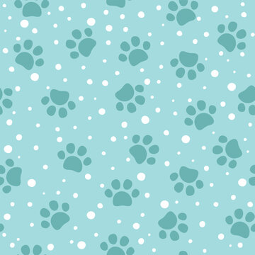 Print pet paw seamless pattern. Vector illustration with cat or dog paw on blue background. It can be used for wallpapers, wrapping, cards, patterns for clothes and other.