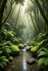 A lush, dense tropical rainforest with a small stream flowing through the mossy rocks and vegetation. The scene is filled with various shades of green, with sunlight filtering through the canopy of ta