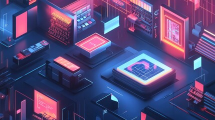 Abstract 3D Render of Neon Lights and Geometric Shapes