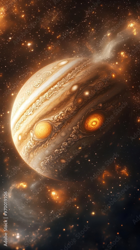 Wall mural hyperrealistic render of jupiter floating in space intricate details of swirling gas bands the great
