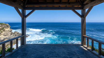 A majestic ocean view from a cliffside gazebo with waves crashing below and the vast sea stretching out to the horizon.