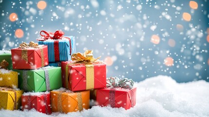 Colorful christmas gift boxes sitting on snow with falling snow and bokeh lights background