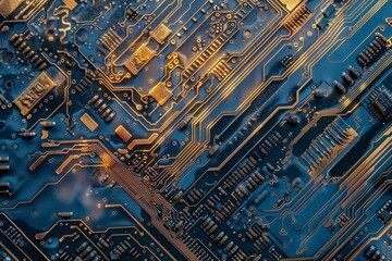 circuit board, showing intricate patterns of electronic components and connections