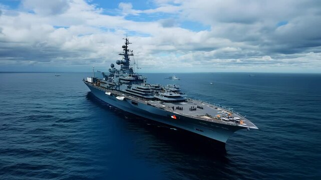 A large warship sails smoothly across the ocean, showcasing its impressive structure under a vast sky. The ship is surrounded by calm waters and distant vessels.