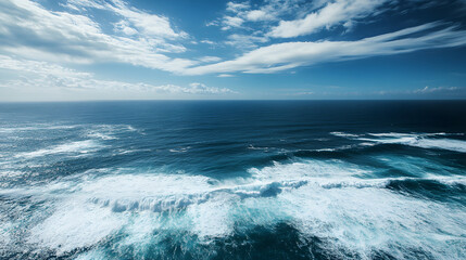 A majestic ocean view from a lighthouse with waves crashing against the shore and the vast sea stretching out to the horizon.