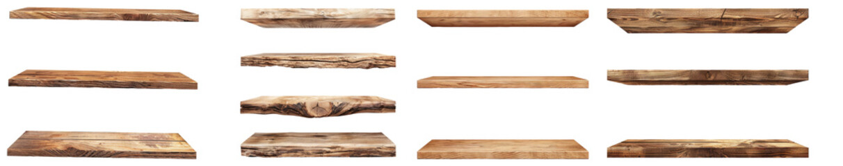 Set of empty wooden shelf isolated on transparent background, set of