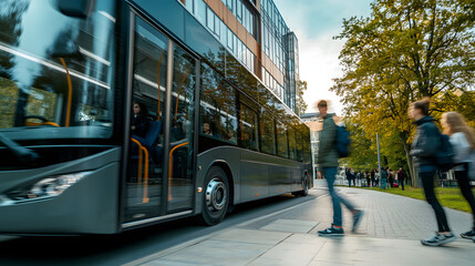 An electric bus passing by a university campus with students boarding reflecting the commitment to sustainability in educational institutions.