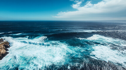 Fototapeta premium A majestic ocean view from a lighthouse with waves crashing against the shore and the vast sea stretching out to the horizon.