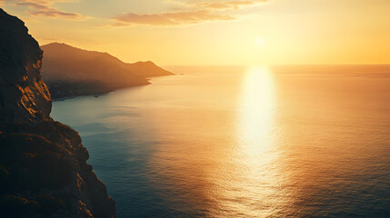A majestic ocean view from a mountaintop with the sun setting over the sea and casting a golden glow on the water.
