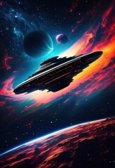 stunning cosmic landscape featuring silhouetted spaceships vibrant starry background nebulae celestial bodies, astronomy, stars, universe, galaxy, night