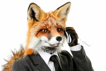 Obraz premium Anthropomorphic Red Fox Dressed in Suit Making a Phone Call, Isolated on Whtie Background.
