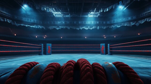 Ropes in vibrant crimson and azure delineate the corners of the pugilistic ring amidst the vast expanse of the stadium's arena. 