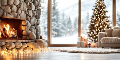 Cozy winter living room with Christmas tree, fireplace, and festive decor, with snow-covered...