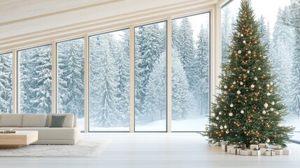 Fototapeta premium Warm, rustic living room with a large Christmas tree, cozy couches, and large windows offering a snowy forest view. Holiday cabin retreat concept.