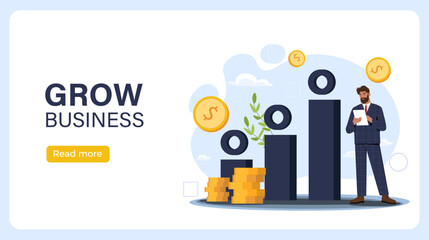 Grow business poster. Man in suit near growing graph with gold coins. Financial literacy and passive income. Investing and trading. Landing page design. Flat vector illustration